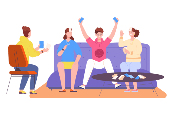 Friends Playing Party Guessing Game Graphics and Illustrations